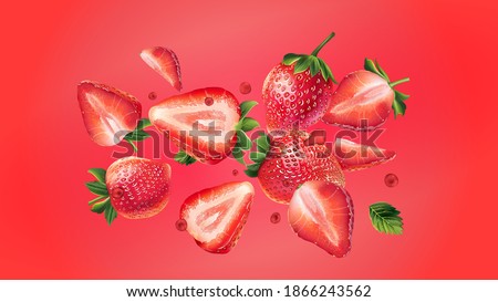 Flying fresh strawberries on a red background. Royalty-Free Stock Photo #1866243562