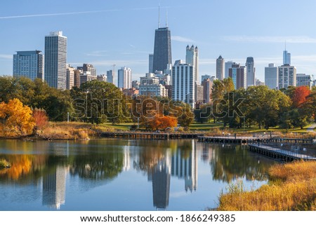 Chicago, Illinois, USA with Lincoln Park and the city skyline during early autumn. Royalty-Free Stock Photo #1866249385