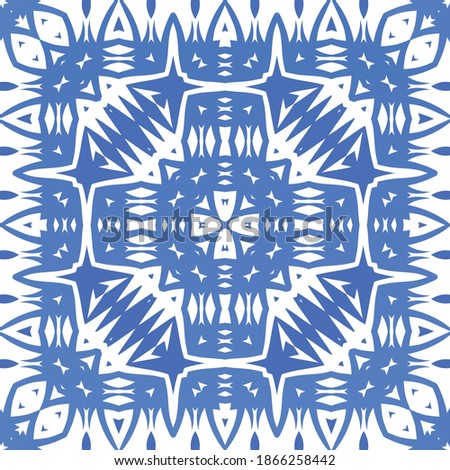 Ornamental azulejo portugal tiles decor. Vector seamless pattern concept. Bathroom design. Blue gorgeous flower folk print for linens, smartphone cases, scrapbooking, bags or T-shirts.
