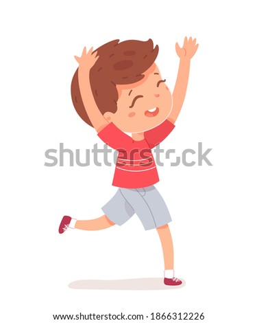 Happy kid running with arms up. Cute boy having fun and smiling on white background. Entertainment and amusement leisure vector illustration. Summer holidays in childhood with joy.