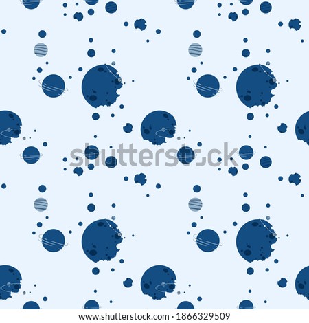 Space seamless pattern. Planets, rockets and stars. Cartoon spaceship icons. Childish background. Hand drawn magick sky vector illustration. Dreaming galaxy night fabric.