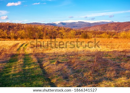 sunny evening in mountainous countryside. beautiful rural landscape in springtime. country road through the field. snow capped ridge in the distance. wonderful weather with clouds on the blue sky