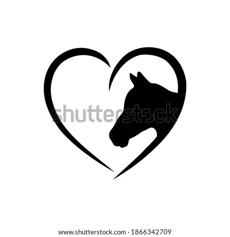 Vector horse black vector head face outline silhouette drawing illustration in heart frame shape on white background .Love horses sign icon.T shirt print.Laser Cut. Plotter Cutting. Vinyl wall sticker
