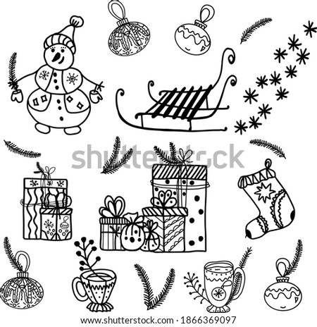 set of Christmas icons: vintage sleigh, Christmas tree branches, gifts, decorations, balloons, snowflakes