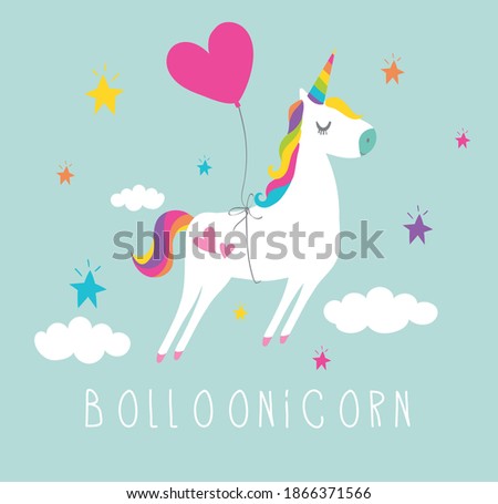 Beautiful unicorn on clouds with stars illustration, vector. Print for t-shirt or sticker. Romantic hand drawing illustration for children.