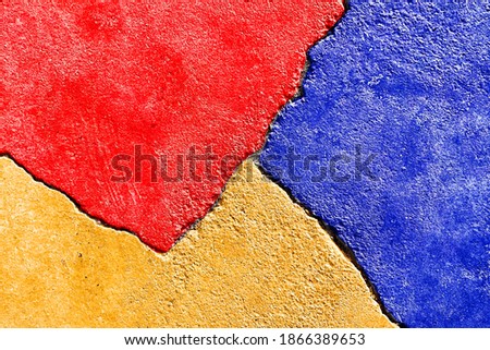 Grunge 3 opposed colors isolated on cracked wall background, abstract creative politics culture economy military divided conflicts texture concept, tripartite talks contradiction pattern wallpaper