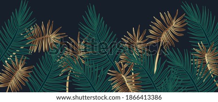 Luxury gold and nature green background vector. Floral pattern, palm and Coconut leaf plant line arts design for wall arts decoration, prints and fabric. Vector illustration. Royalty-Free Stock Photo #1866413386