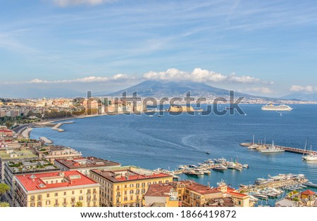 Naples, Italy - one of the most enchanting landscapes in the country, the Gulf on Naples and the Mount Vesuvius are worldwide famous. Here the gulf and the volcano seen from Posillipo Royalty-Free Stock Photo #1866419872