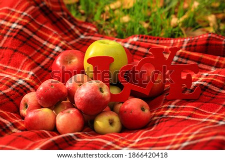 Many colorful apples and love sign on a red blanket. Perfect fruit harvest concept, natural vitamines.