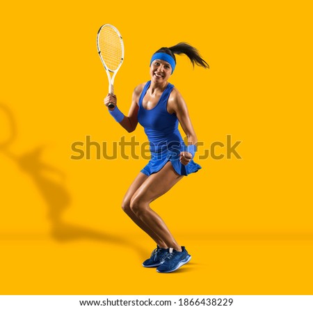 Woman tennis player celebrating winner on yellow background. Sports banner 
