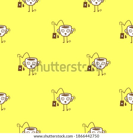 Seamless pattern with cute cups on yellow background. Wallpaper with mugs and tea sachets. Dishes with tastydrink. Cartoon doodle print.