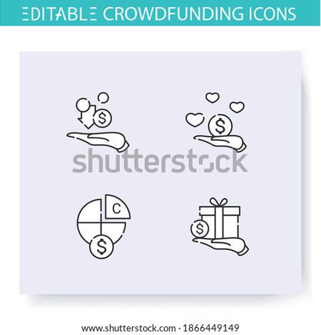 Crowdfunding line icons set. Profit sharing. Donation funds types. Funding and investment concept. Projects, business financing and capital raising. Isolated vector illustrations. Editable stroke 