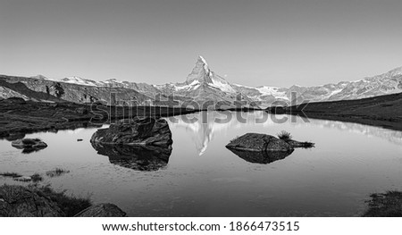 Sunset over mountain Matterhorn and stellisee lake in Valais region,famous Zermatt destination, Switzerland, 