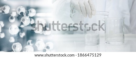 scientist in white coat poring water into glass beaker and chemical molecular structure in science laboratory banner background Royalty-Free Stock Photo #1866475129