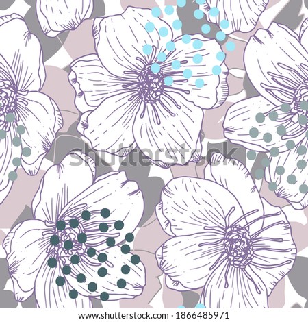 Vector organic seamless abstract background, botanical motif with stylized leaves, flowers and simple geometric shapes. Floral pattern.