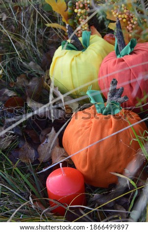 three colorful textile pumpkins on the background of autumn fallen leaves