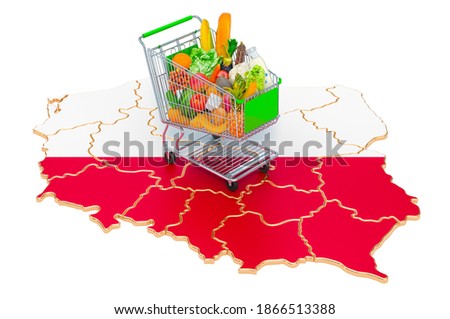 Purchasing power in Poland concept. Shopping cart with Polish map, 3D rendering isolated on white background