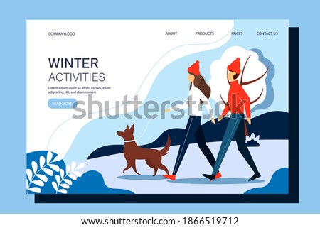 Man and woman walking this dog in the park. Landing page template. Winter illustration in flat style. The concept of active rest in the fresh air.