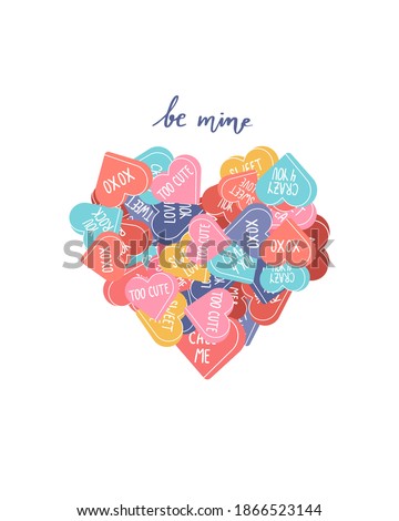 Vector Valentine’s day cute postcard with conversation hearts and Be mine calligraphy handwritten phrase. Bright heart-shaped print for February, 14