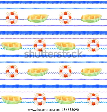 Watercolor nautical pattern with boat and life saver. Vector.