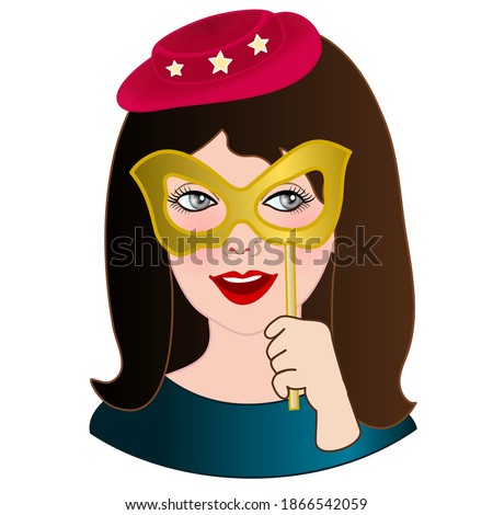 cool girl in a pink cap with stars holds a carnival mask in his hand, vector illustration on a white isolated background
