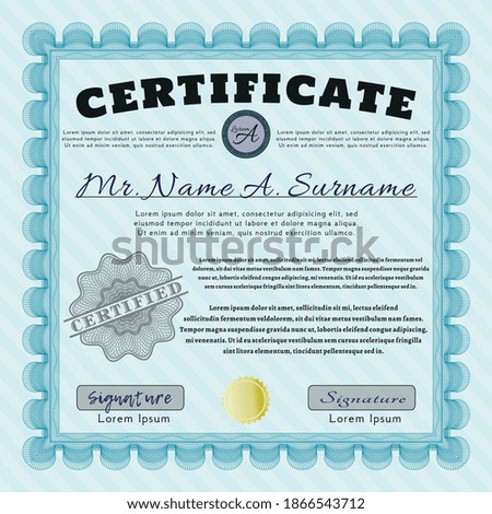 Awesome Certificate template.  Beauty design.  Easy to print.  Vector illustration.  Light blue color.