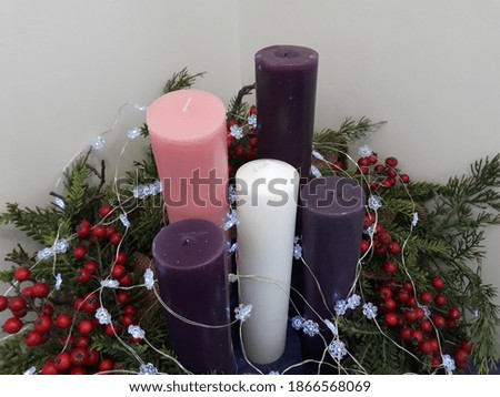 Tri Colour ( Pink , White, Purple) Candles, Christmas decorations and Christmas Light. 