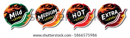 Icons of spicy food level, soft, medium and very hot pepper sauce with fire flame. Hot pepper sign

 Royalty-Free Stock Photo #1866575986