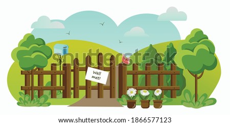 Colorful vector image of a wooden fence surrounded by green trees. Welcome sign. Clouds, path and butterfly.
