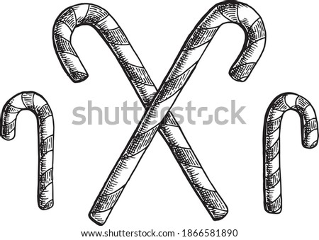Hand drawn black and white crosshatch vector illustration of Candy canes, placed in a decorative way. No background. Royalty-Free Stock Photo #1866581890