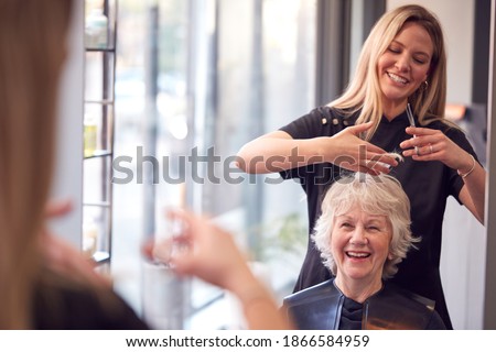 Senior Woman Having Hair Cut By Female Stylist In Hairdressing Salon Royalty-Free Stock Photo #1866584959