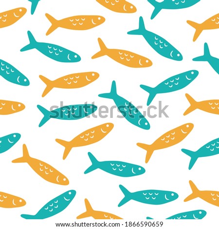 Seamless pattern with hand drawn cute colorful fish on a white background. Doodle, simple illustration. It can be used for decoration of textile, paper and other surfaces.