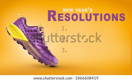 New year, new start business and health resolution concept. Side view of purple trainer on a Yellow background.