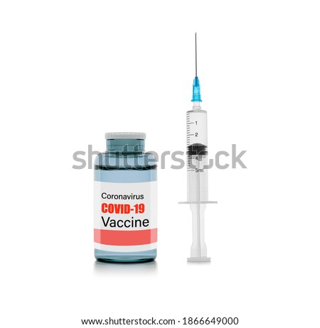 Covid-19 Vaccine with syringe isolated on white background. 2019-ncov vaccine vial medicine drug bottles syringe injection. Royalty-Free Stock Photo #1866649000