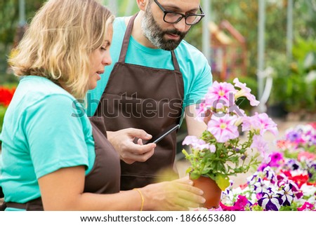 Cropped view of gardeners taking photo of blooming flowers. Two concentrated florists wearing uniform and shooting petunias on smartphone in hothouse. Gardening activity and digital technology concept