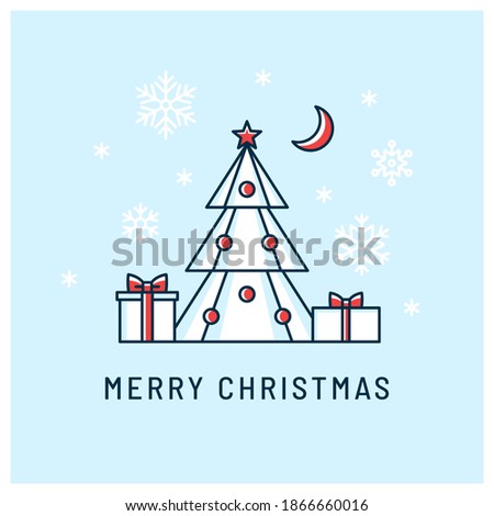 Laconic Christmas greeting card. Linear vector illustration with Christmas tree, gifts and snowflakes. Merry christmas concept.
