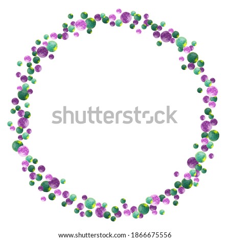 Round frame of violet and green confetti with thick lines. Christmas, Birthday, New Year Party festival background for card invitation. Watercolor hand drawn isolated elements on white background.