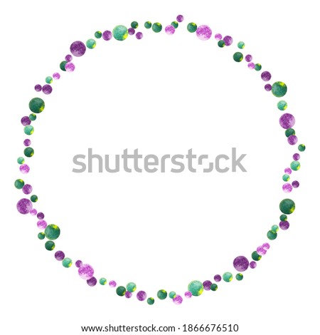 Round frame of violet and green confetti with thin lines. Christmas, Birthday, New Year Party festival background for card invitation. Watercolor hand drawn isolated elements on white background.