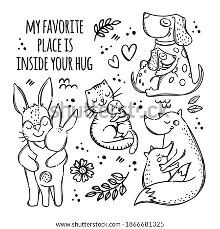 FATHERS MOTHERS DAY Monochrome Cute Animals Hug Their Children Parental Relationship Handwriting Text Hand Drawn Clip Art Vector Illustration Set For Print
