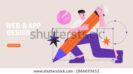 Man is working on ui ux design project. Designer drawing scetch in vector programm with big pencil. Charcter illustration for design online classes or seminar banner, ads, landing page, application. Royalty-Free Stock Photo #1866693652