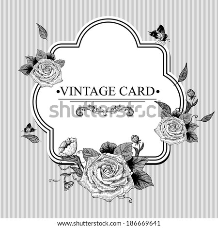 Vintage Floral Card with Roses and Butterflies. Vector Design element.  Invitation Card Design with Flowers