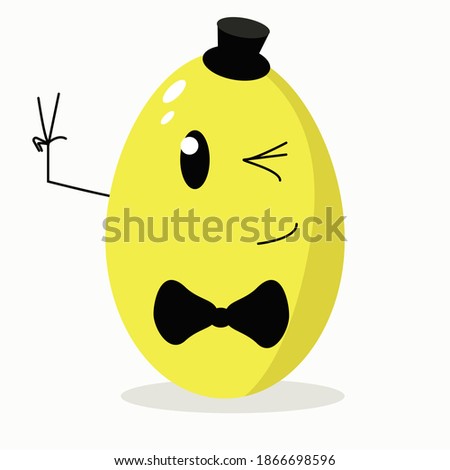 yellow egg in a hat and butterfly, Easter egg waving, holiday card for the Easter holiday, cartoon character winks
