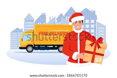 Smiling delivery man in Santa Claus costume with a box in  hands, standing with a truck on the background of the city. Vector illustration in the flat style.