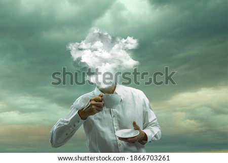 Tea time. Male body of model with head full of smoke about sky and clouds. Trendy colours, gradient grey-white background. Contemporary art collage. Inspiration, mood, creativity, brain concept