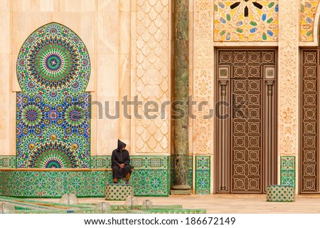 Casablanca, Morocco: Ornate exterior brass door of Hassan II Mosque in Casablanca, Morocco. Royalty-Free Stock Photo #186672149