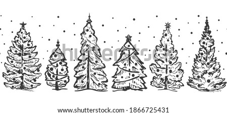 Christmas trees hand drawn seamless border vector pattern. Christmas seamless banner. Fir trees with Christmas decoration. Black line isolated on white. Winter holiday sketch illustration