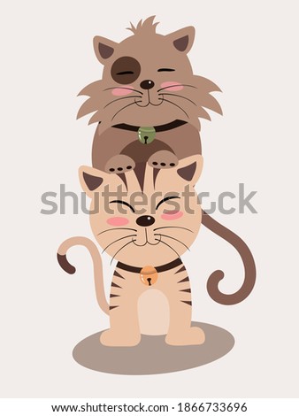 Vector illustration of 2 cats, yellow and brown. Sitting smiling