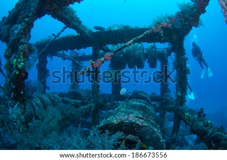 Underwater scene with steel artificial reef, Green Island, Taiwan. Royalty-Free Stock Photo #186673556
