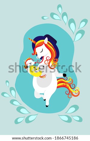 Beautiful unicorn mom with baby. Suitable for printing on a T-shirt, flyer, cover, postcard. Cartoon Vector Animal Illustration