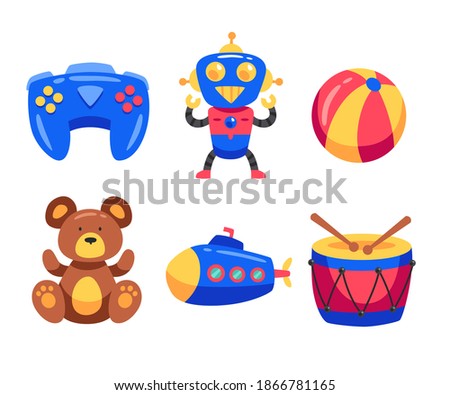 Christmas toys. Kids toys set. Plaything, bauble, trick. Toy, kid, child preschool. 
